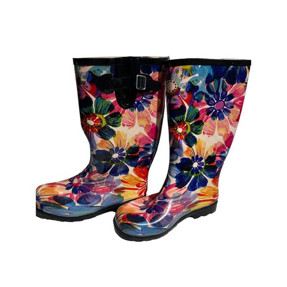 Nomad T & W Drench Rain Boots Size 8 Rubber Pull On Vibrant Floral Water Color - Picture 1 of 16
